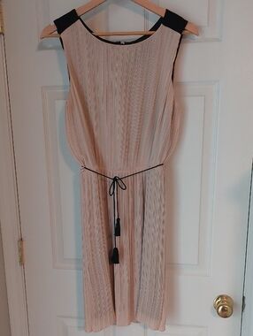 Jennifer Lopez Blush Pleated Midi Dress with Black Accents